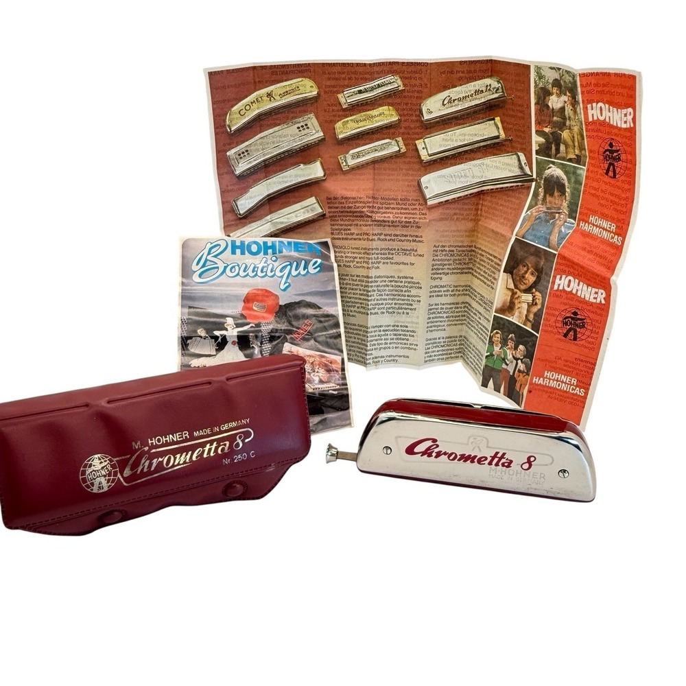 VTG M. Hohner Chrometta 8 Harmonica Slide Key of C Germany w Case Box Papers Set